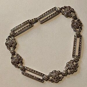 Antique Art Deco 1920’s Sterling + Marcasite panel link bracelet